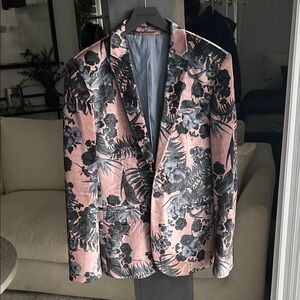 Super Skinny Suit Jacket In Dusky Pink Floral Printed Velvet